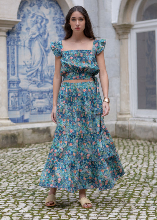Iona Top - Flower Explosion Background Blue