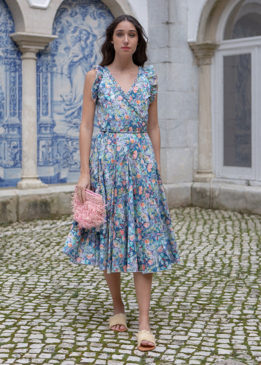 Thais Dress - Flower Explosion Background Blue